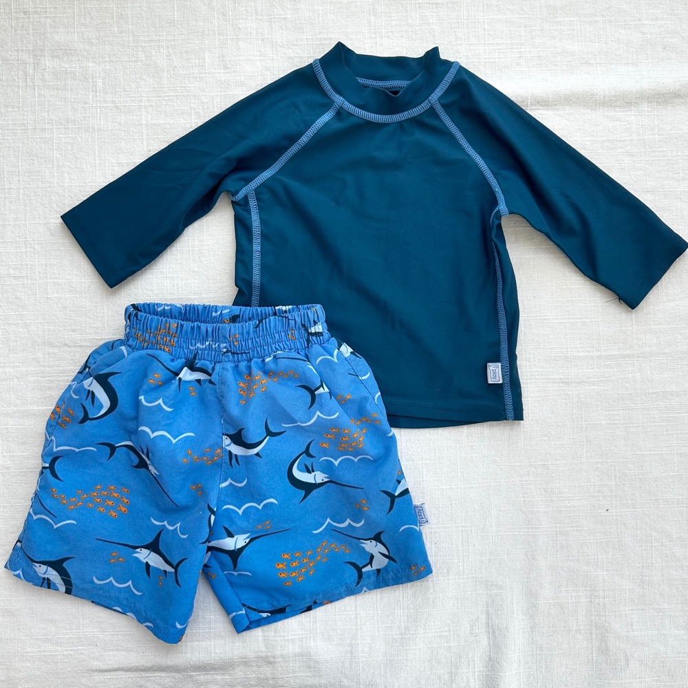 i play. Swim Set Rashguard & Trunks UPF 50+ Sun Protection Blue Small 6 mo
